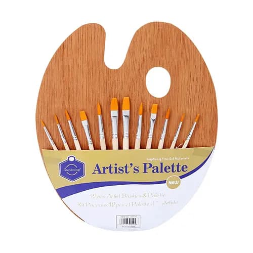 Keep Smiling Artists Wood Palette 30x25cm with 12 Pcs Brush Set
