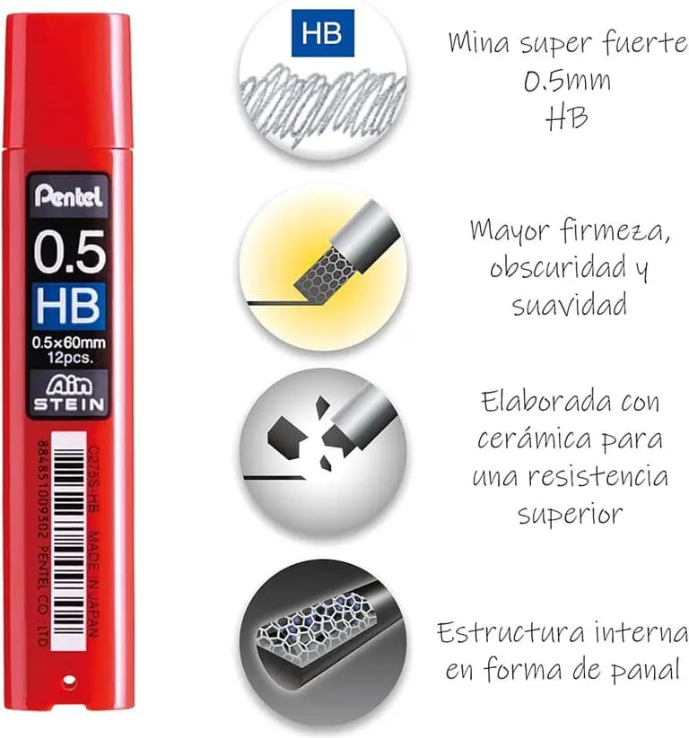Pentel Refill Lead Ain Stein 0.5mm-HB (12PCS/Tube) - C275S-HBX
