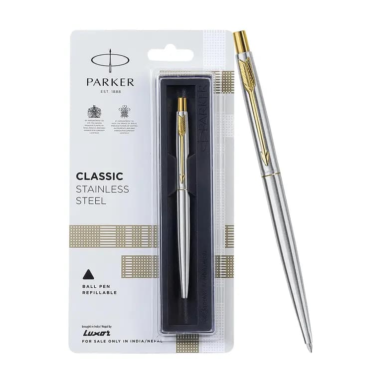  Parker Classic Stainless Steel Gold Trim Ball Pen | Blue Ink | Ballpoint Pen for Smooth Writing