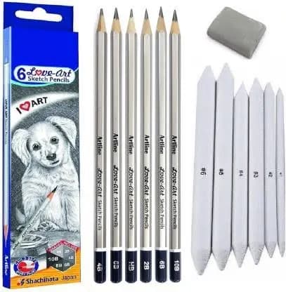 Artline Set of 6 Sketch Pencils + Blending/Smudging Stumps Set
